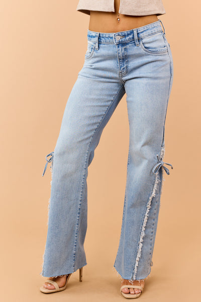 KanCan Medium Wash Frayed Side Tie Wide Flare Jeans