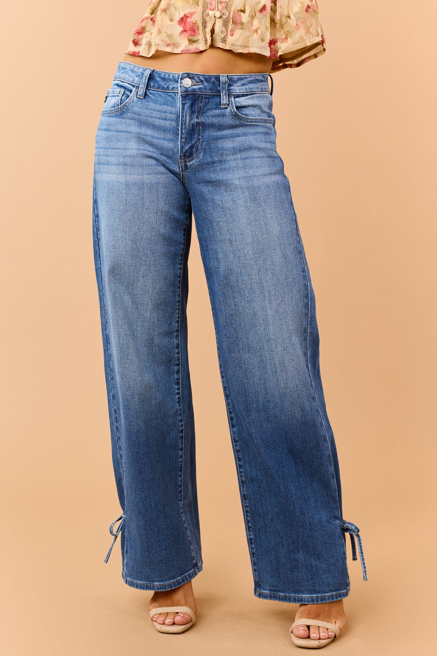 KanCan Medium Wash Stretchy Side Bow Wide Leg Jeans