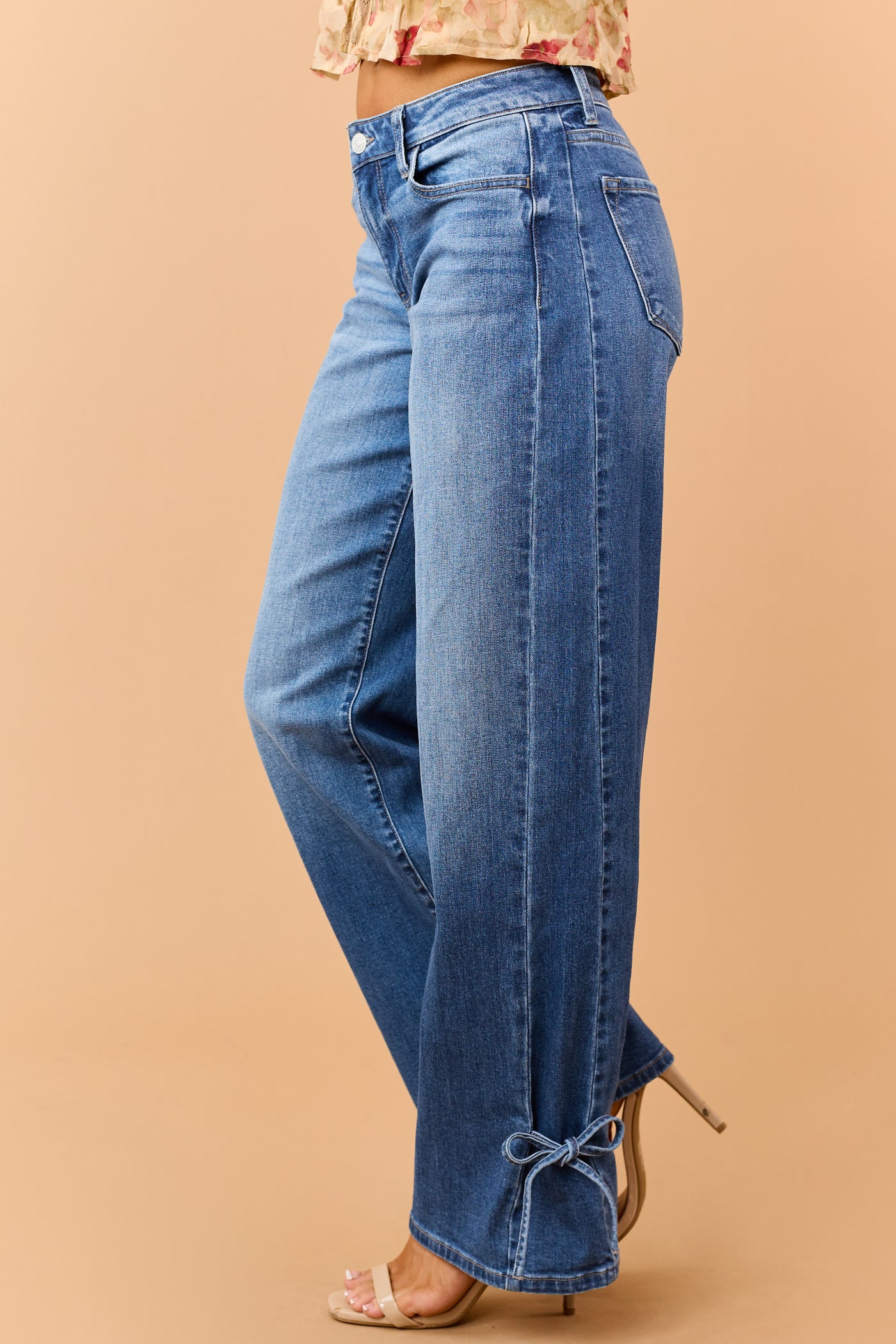 KanCan Medium Wash Stretchy Side Bow Wide Leg Jeans