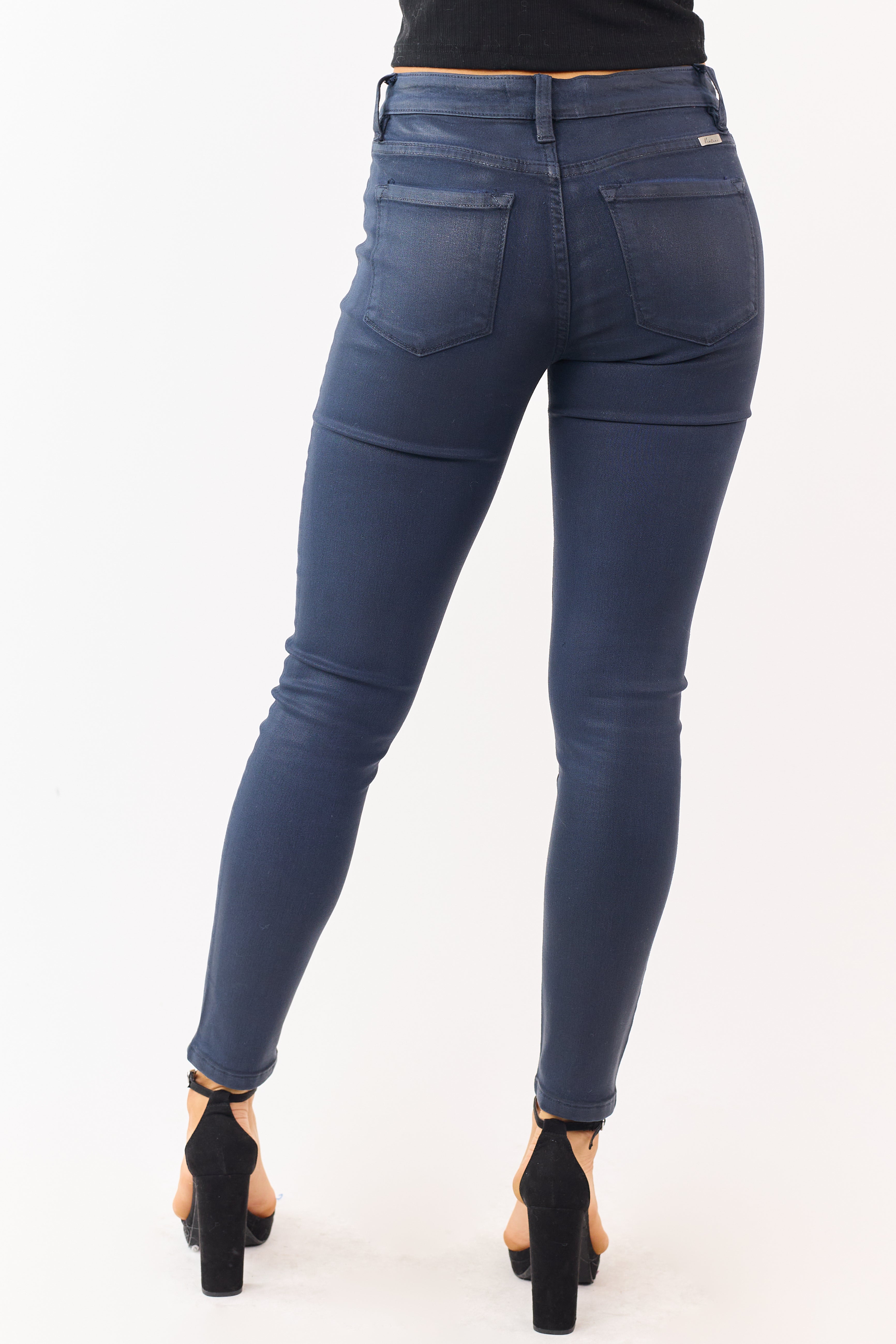 KanCan Navy Mid Rise Coated Stretchy Skinny Jeans