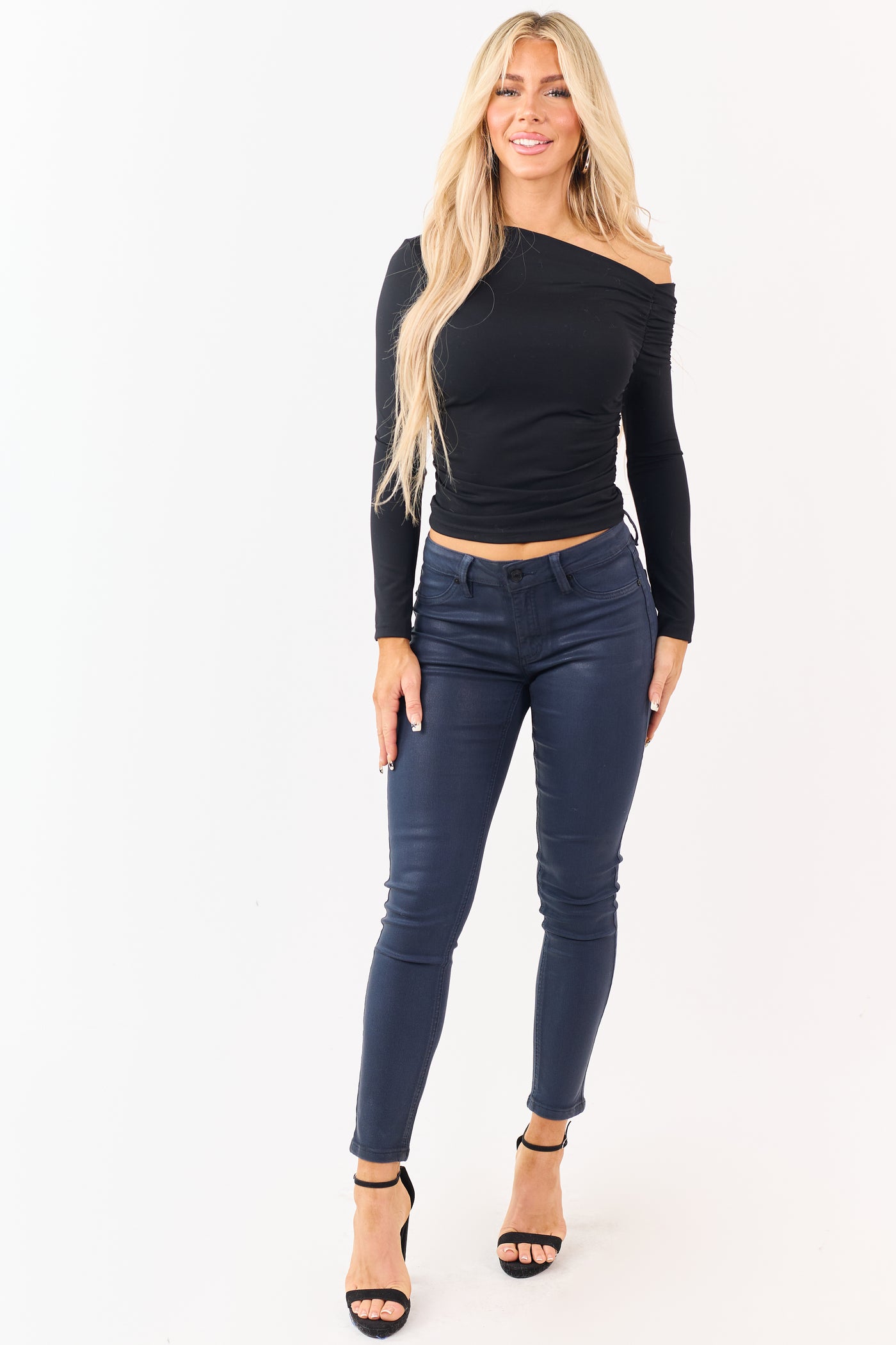 KanCan Navy Mid Rise Coated Stretchy Skinny Jeans