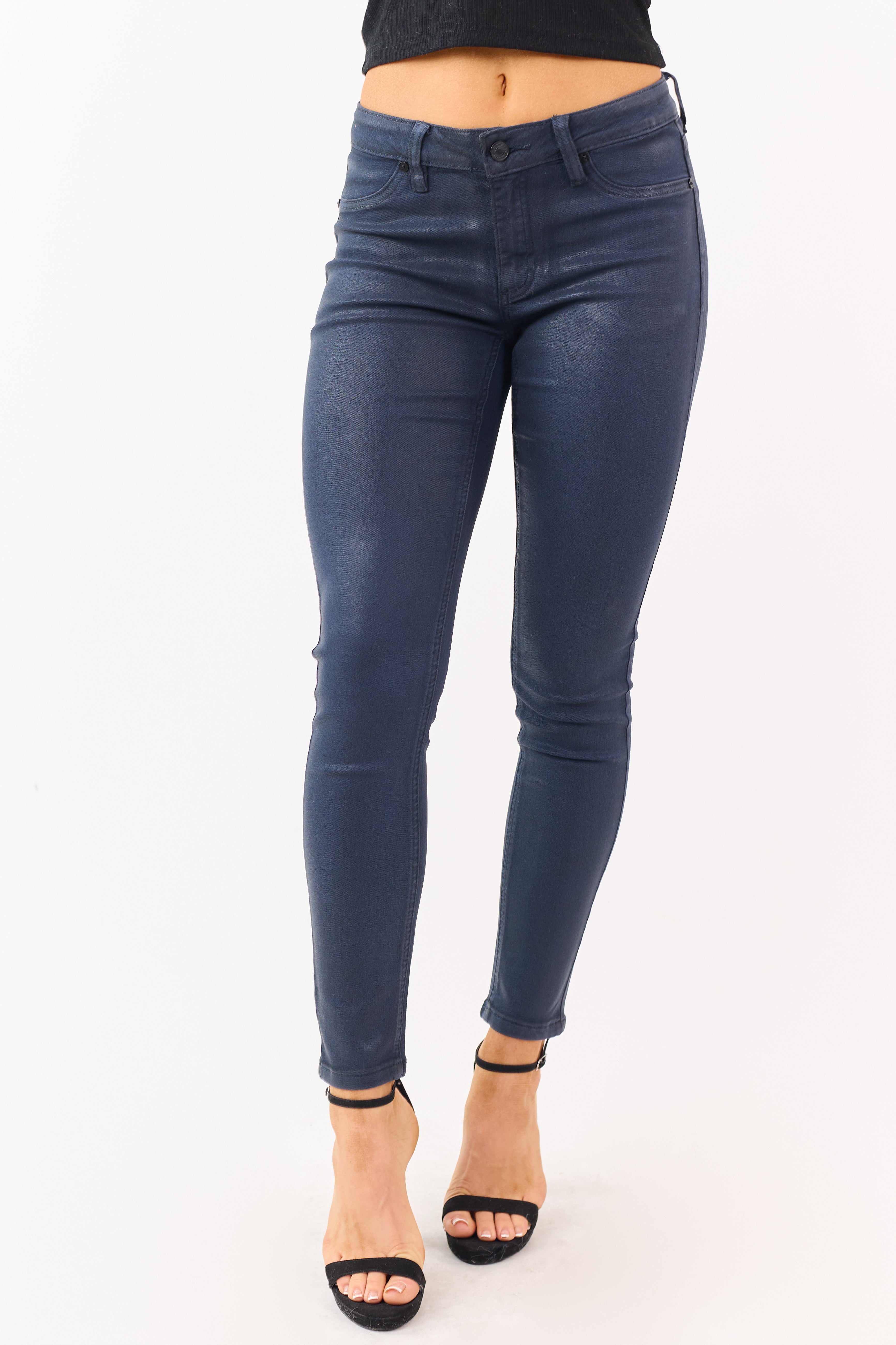KanCan Navy Mid Rise Coated Stretchy Skinny Jeans