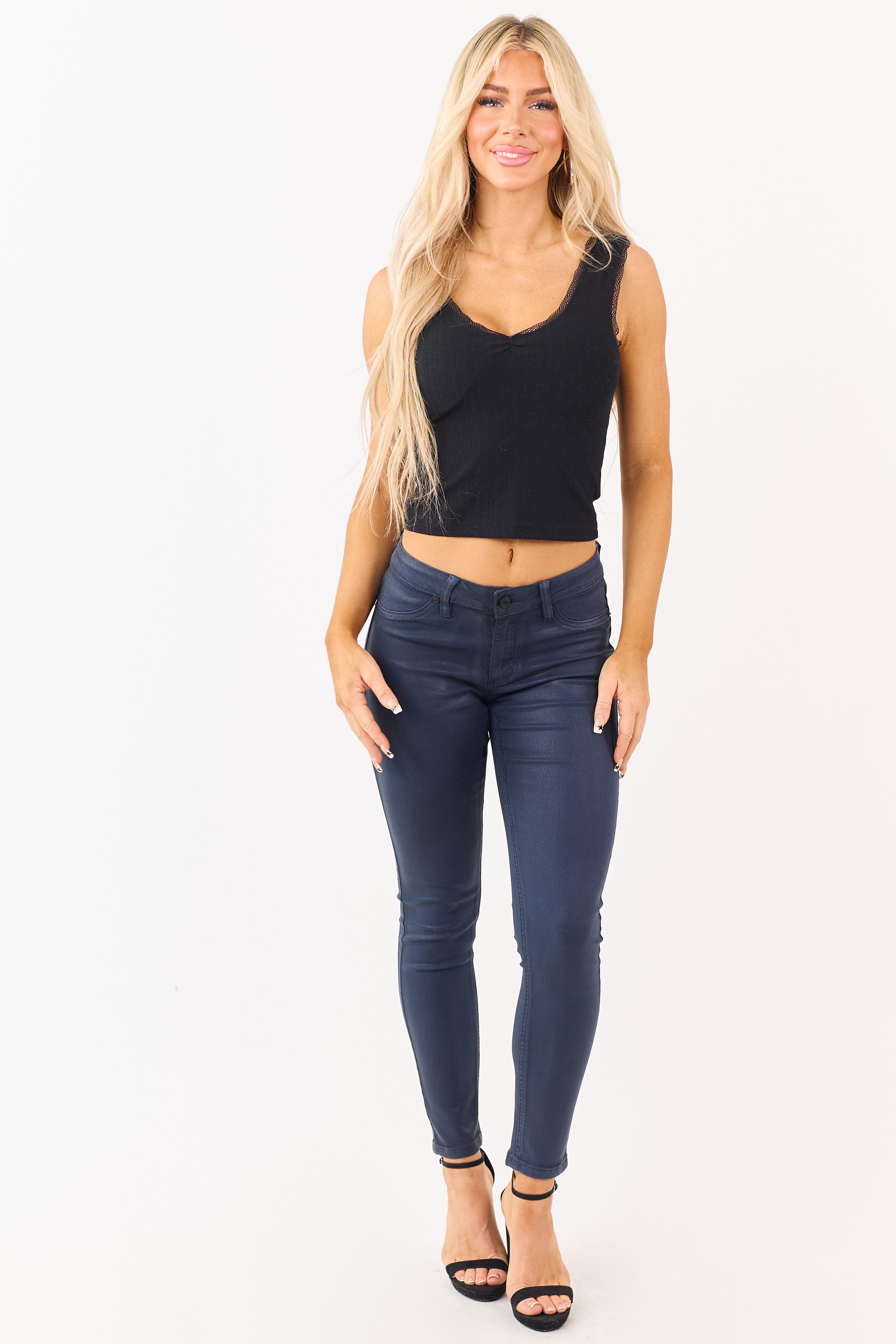 KanCan Navy Mid Rise Coated Stretchy Skinny Jeans