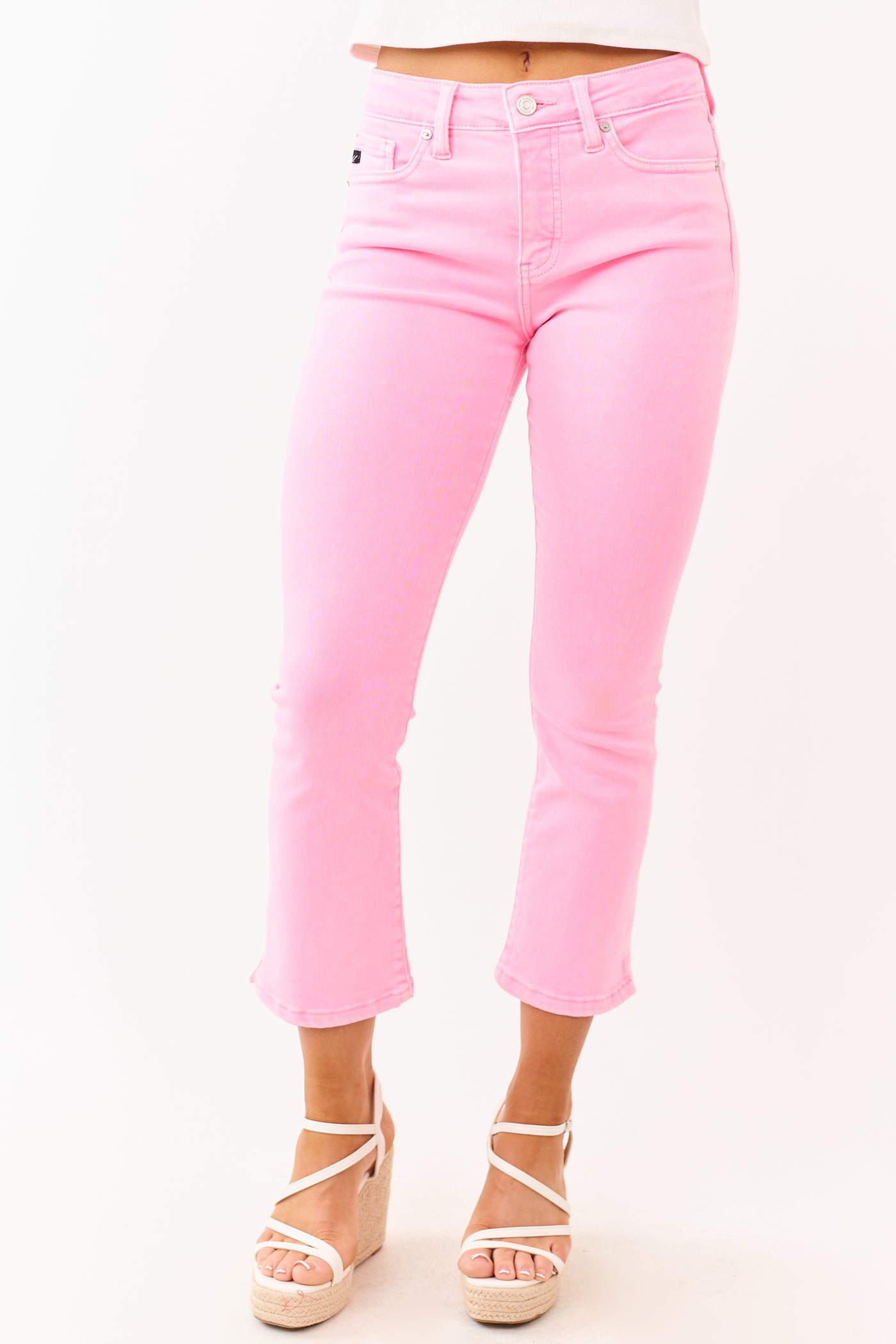 KanCan Neon Bubblegum Crop Kick Flare Stretch Jeans