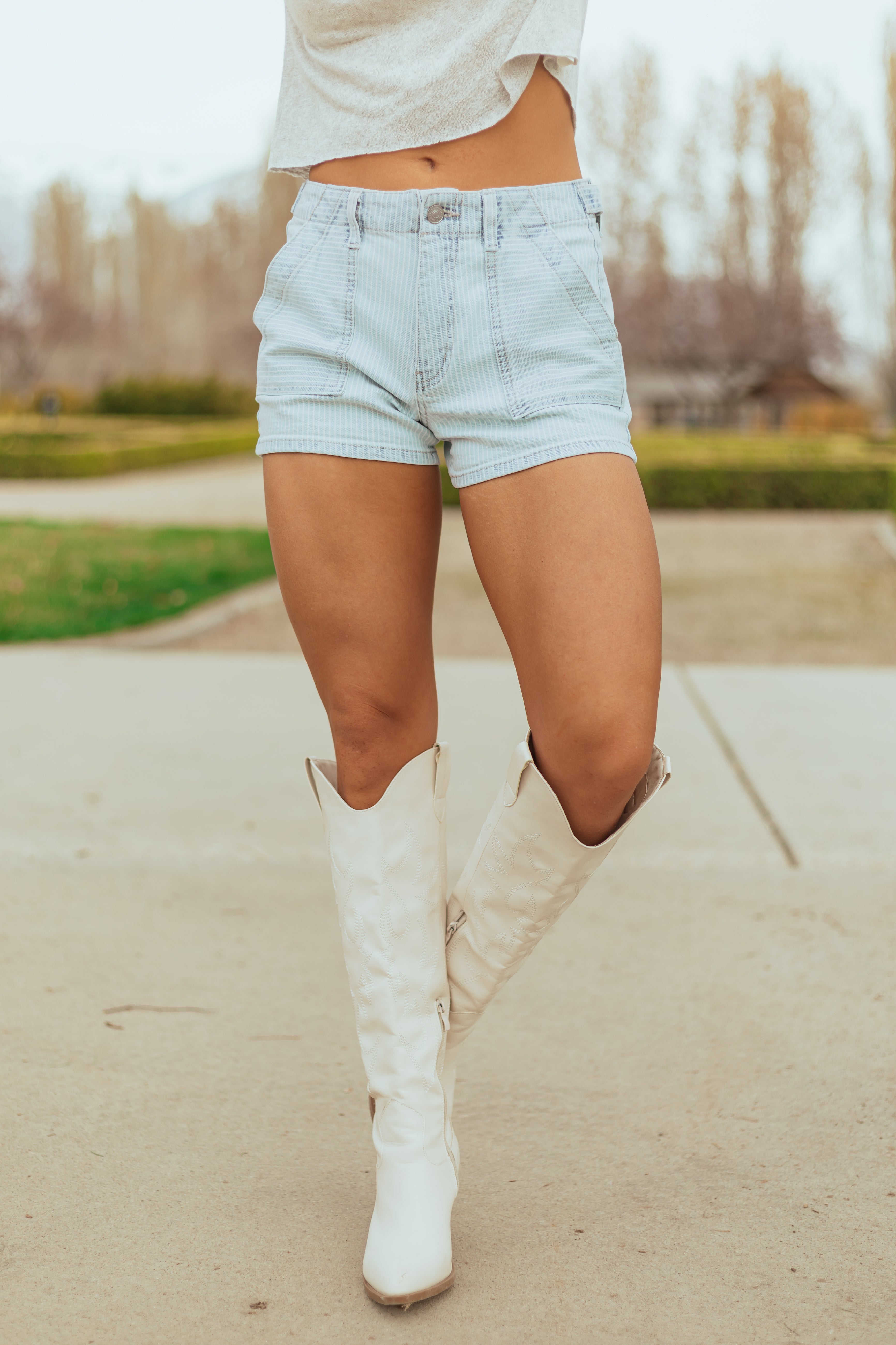 KanCan Light Wash Pin Stripe Boyfriend Shorts | Lime Lush Boutique