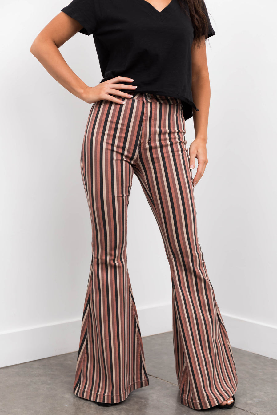 KanCan Rose Taupe Striped Super Flare Jeans