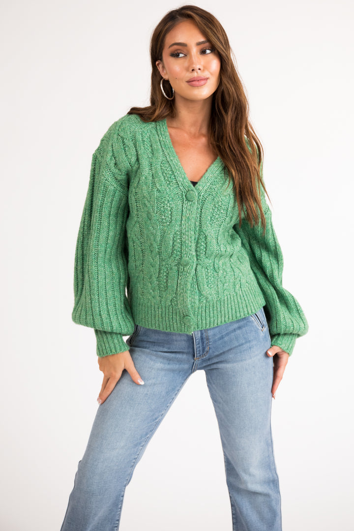 Kelly Green Cable Knit Button Up Cardigan