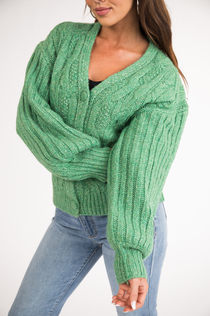 Kelly Green Cable Knit Button Up Cardigan