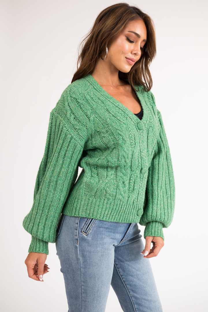 Kelly Green Cable Knit Button Up Cardigan