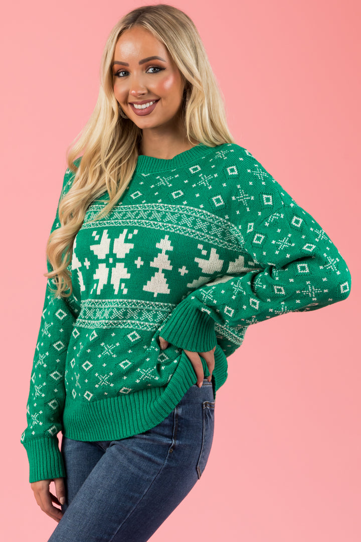 Kelly Green Christmas Print Long Sleeve Sweater