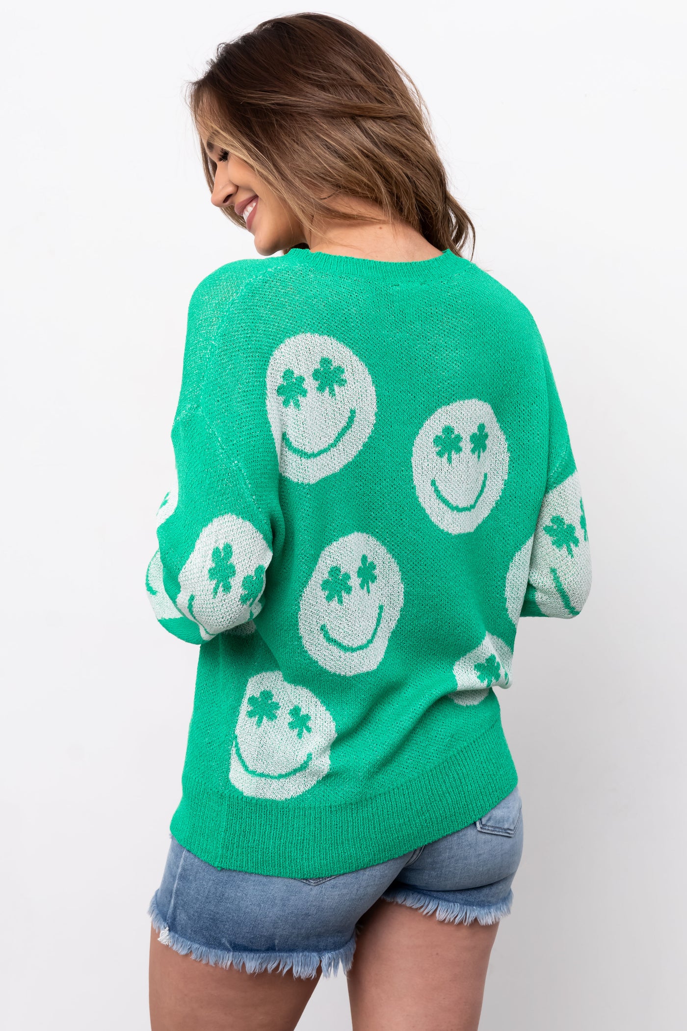Kelly Green Clover Smiley Face Sweater