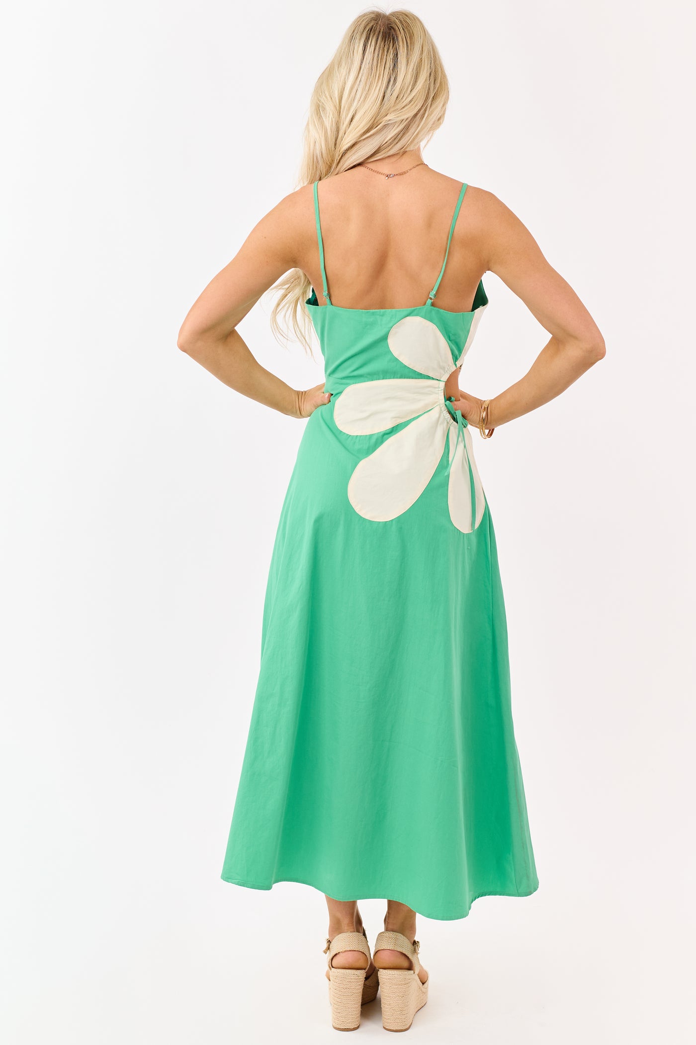 Kelly Green Cotton Side Cut Out Flower Midi Dress - S Kelly Green Cotton Side Cut Out Flower Midi Dress - S