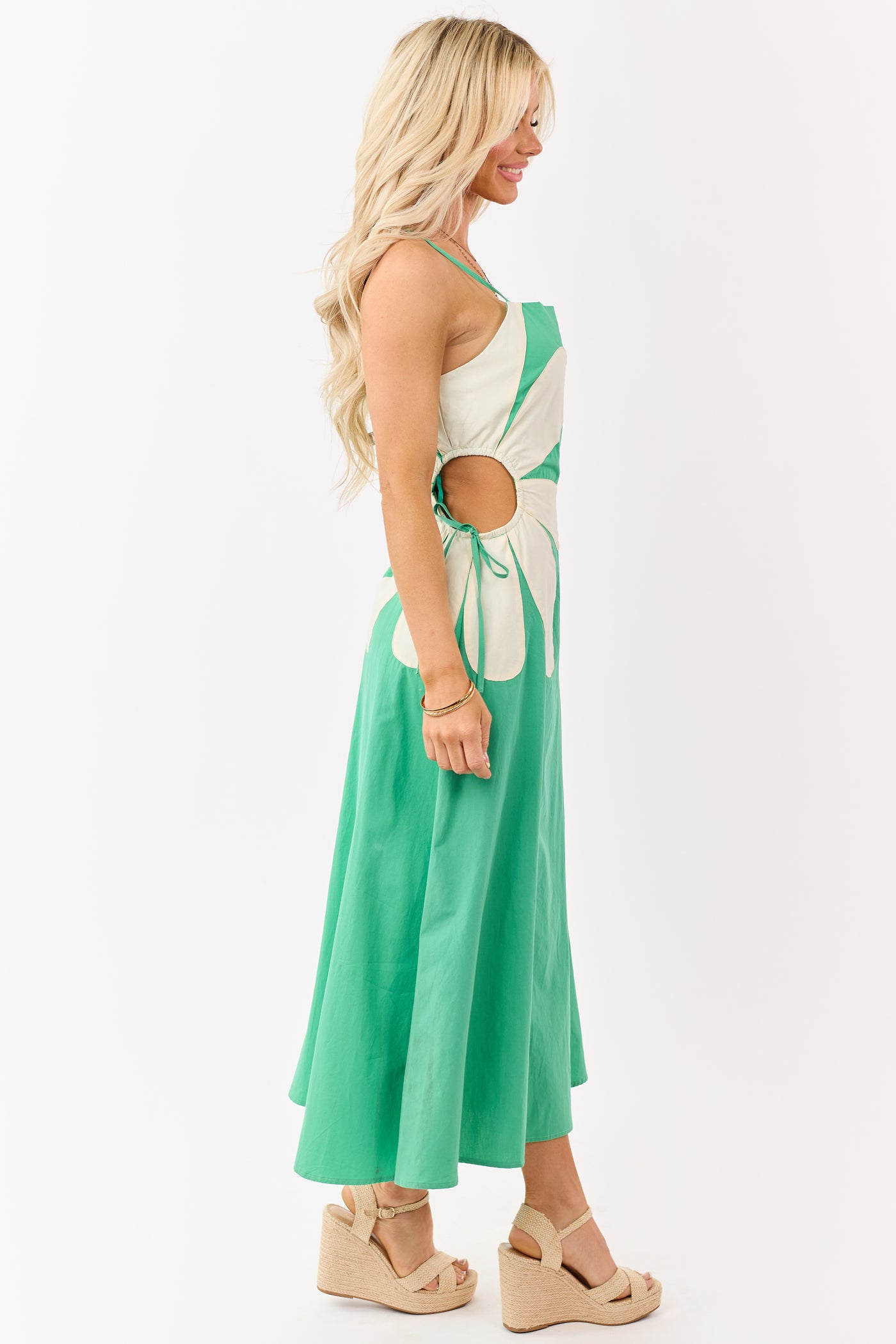 Kelly Green Cotton Side Cut Out Flower Midi Dress - S Kelly Green Cotton Side Cut Out Flower Midi Dress - S