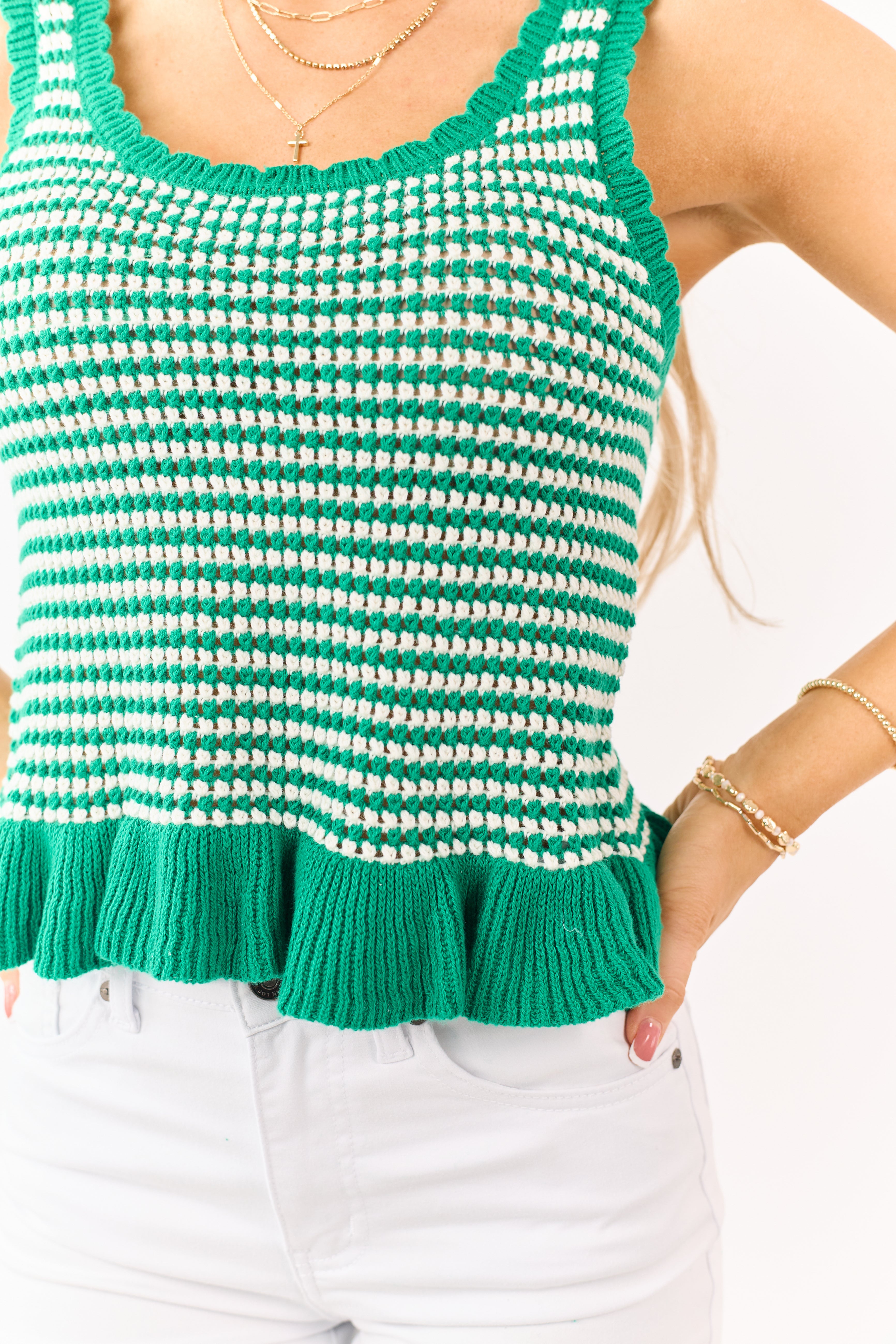 Kelly Green Cotton Striped Open Knit Tank Top