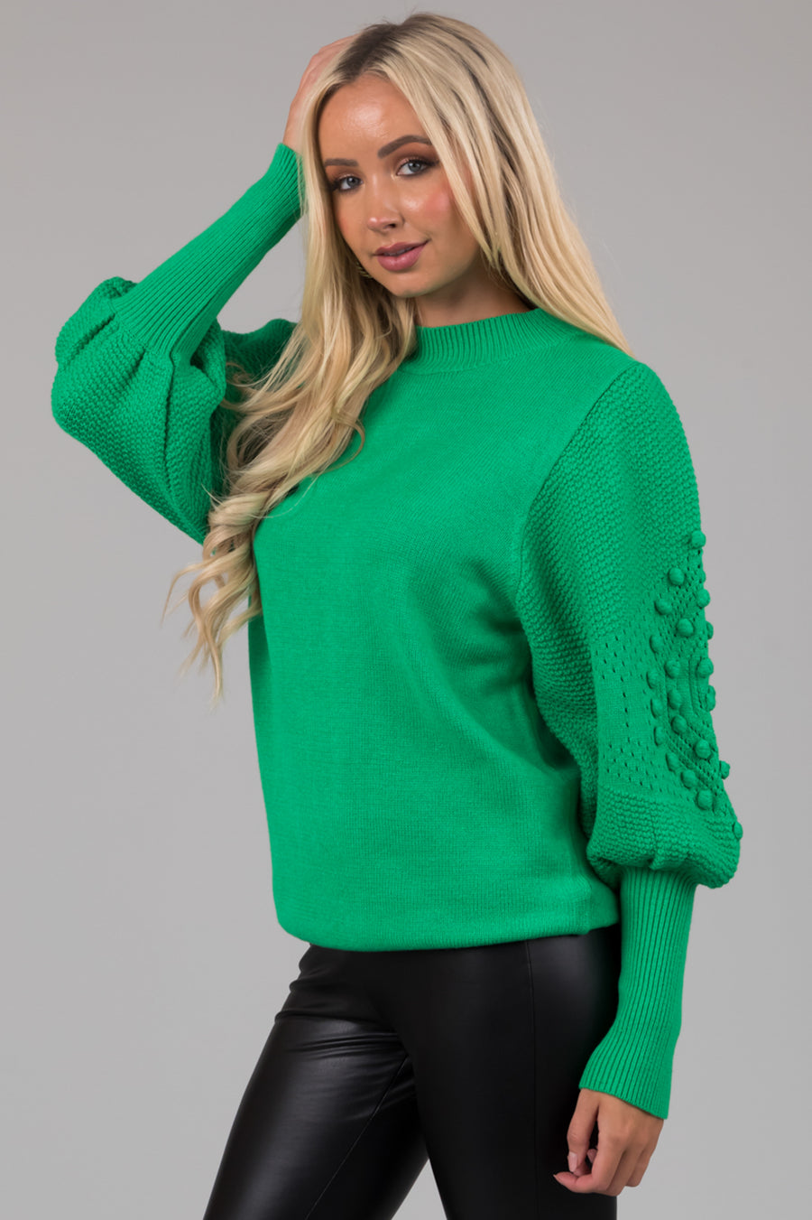Kelly Green Crochet Balloon Sleeve Soft Sweater