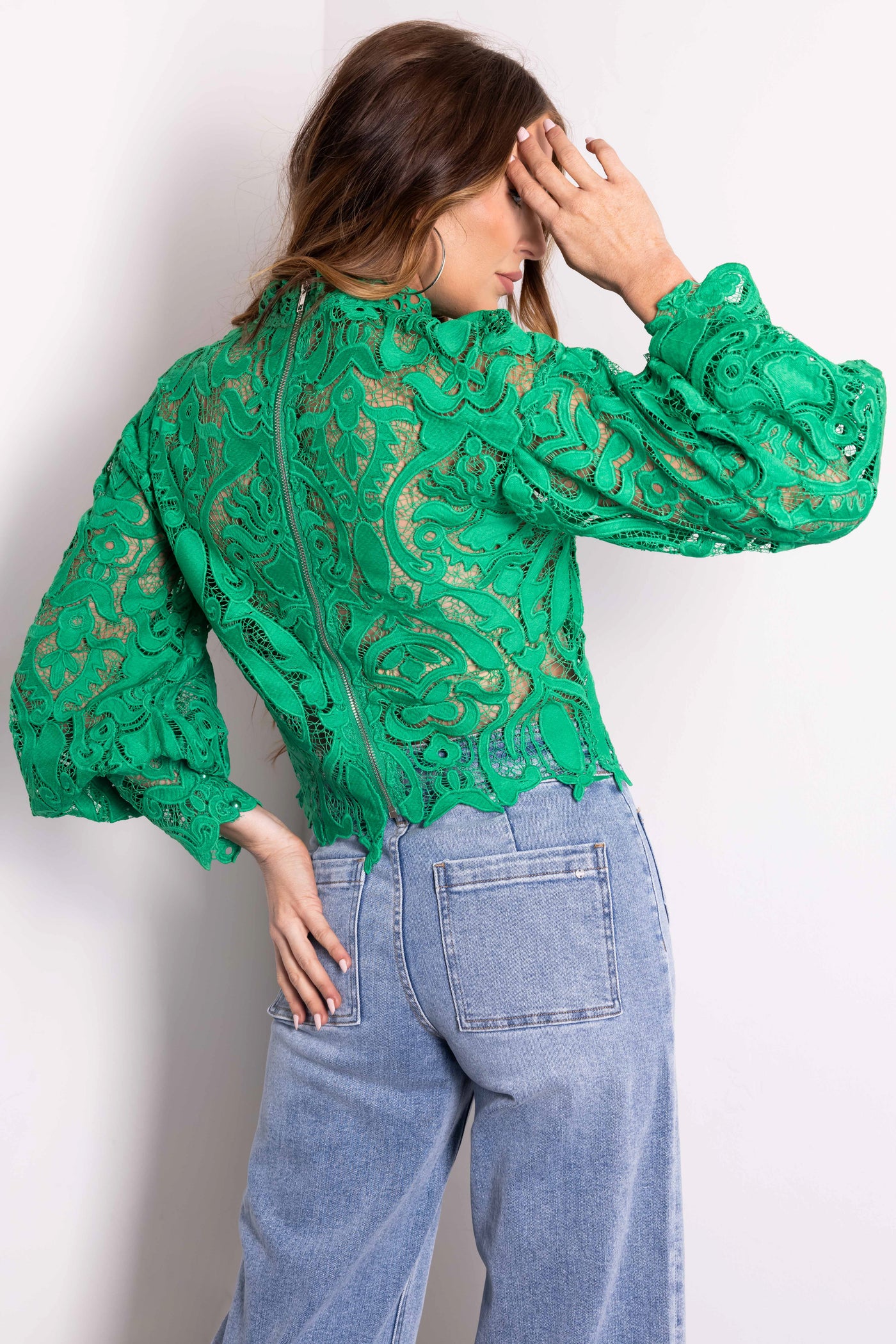 Kelly Green Crochet Lace Bubble Sleeve Top