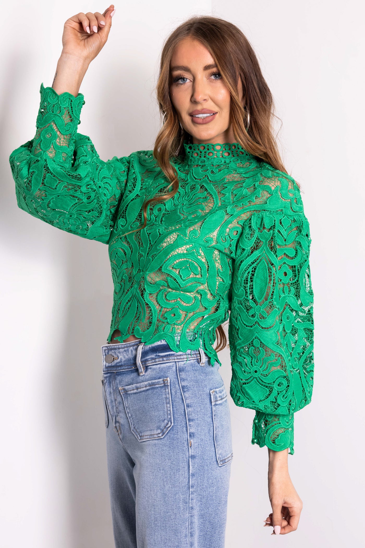 Kelly Green Crochet Lace Bubble Sleeve Top