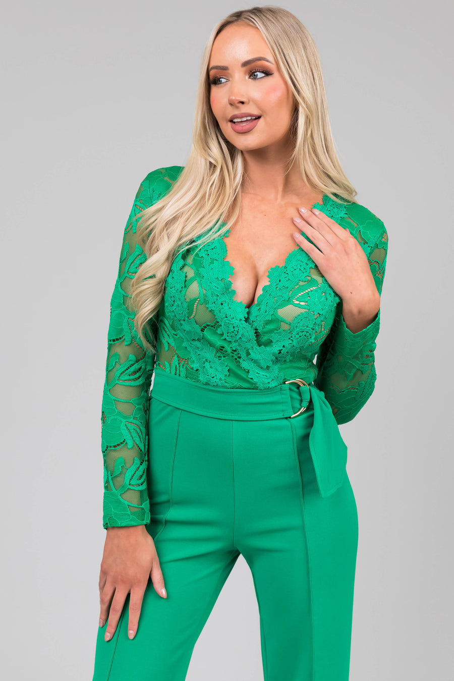 Kelly Green Deep V Lace Belted Jumpsuit