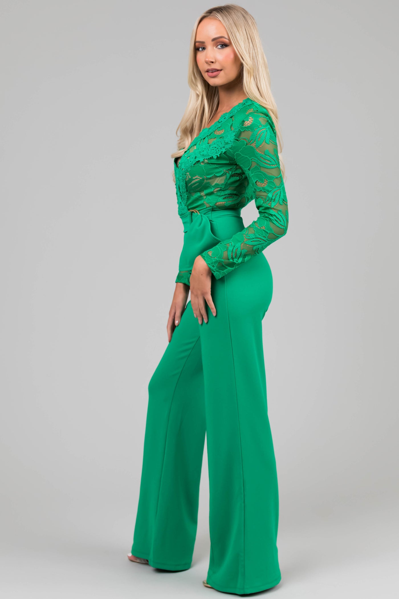 Kelly Green Deep V Lace Belted Jumpsuit