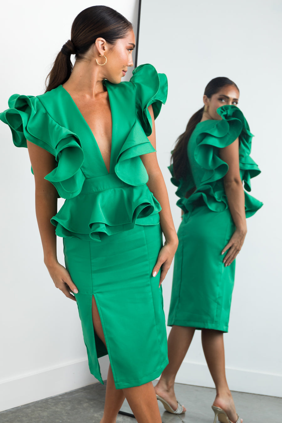 Kelly Green Deep V Neck Ruffle Mini Dress