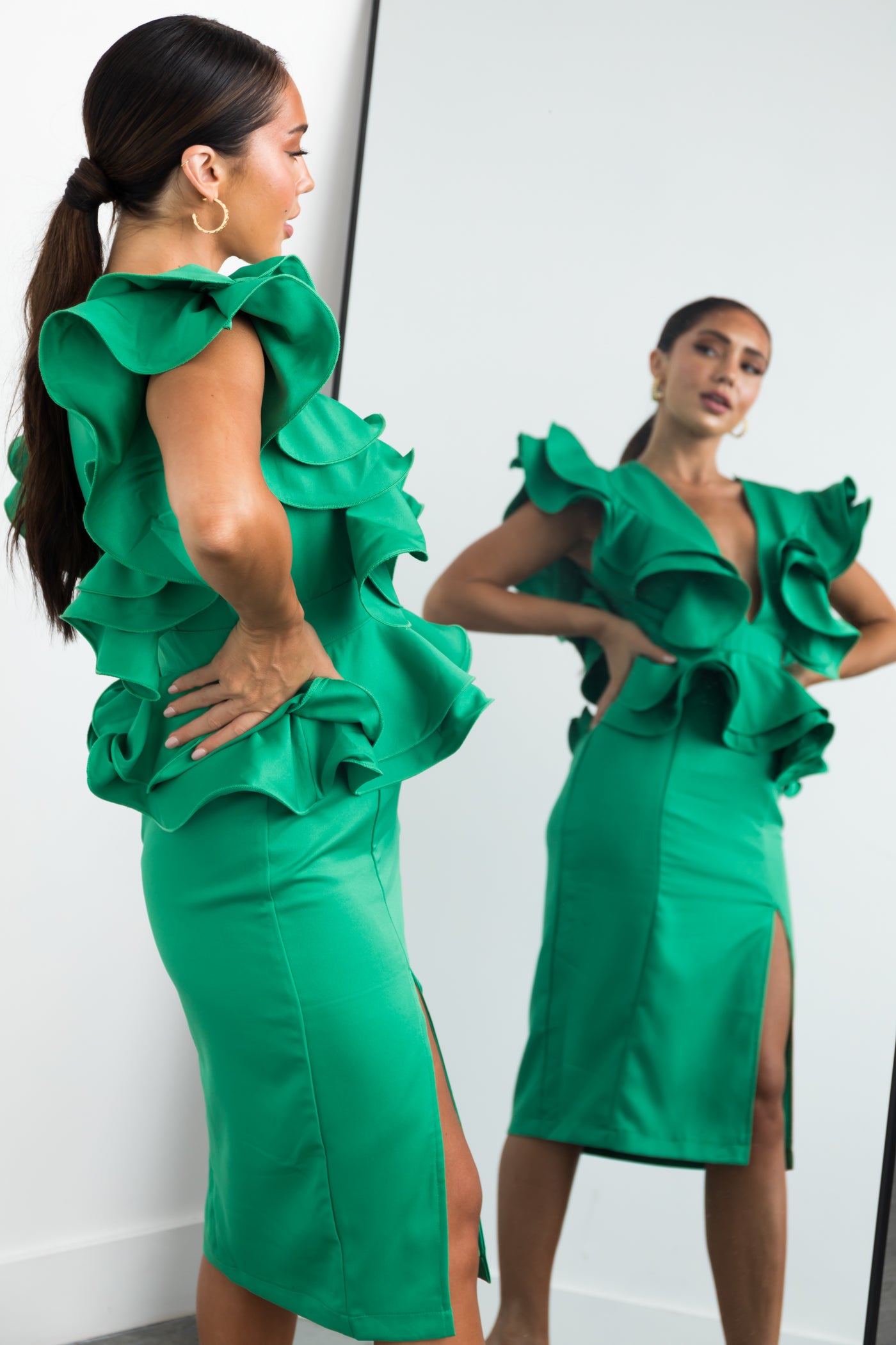 Kelly Green Deep V Neck Ruffle Mini Dress