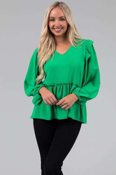 Kelly Green Drop Waist Bubble Sleeve Blouse