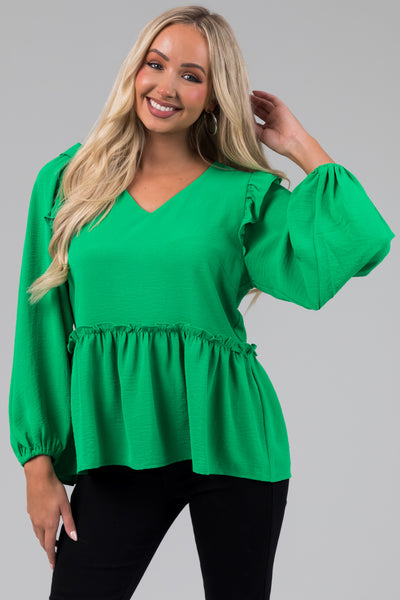 Kelly Green Drop Waist Bubble Sleeve Blouse