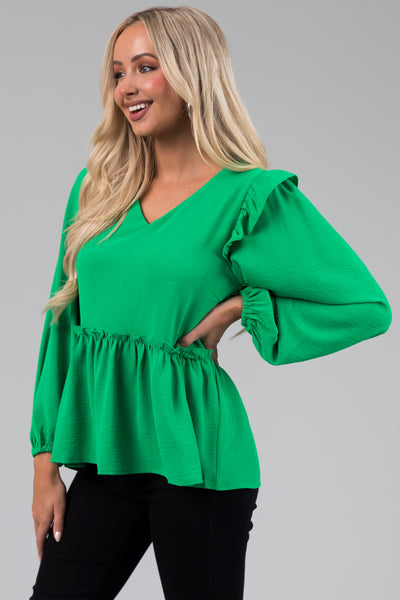Kelly Green Drop Waist Bubble Sleeve Blouse