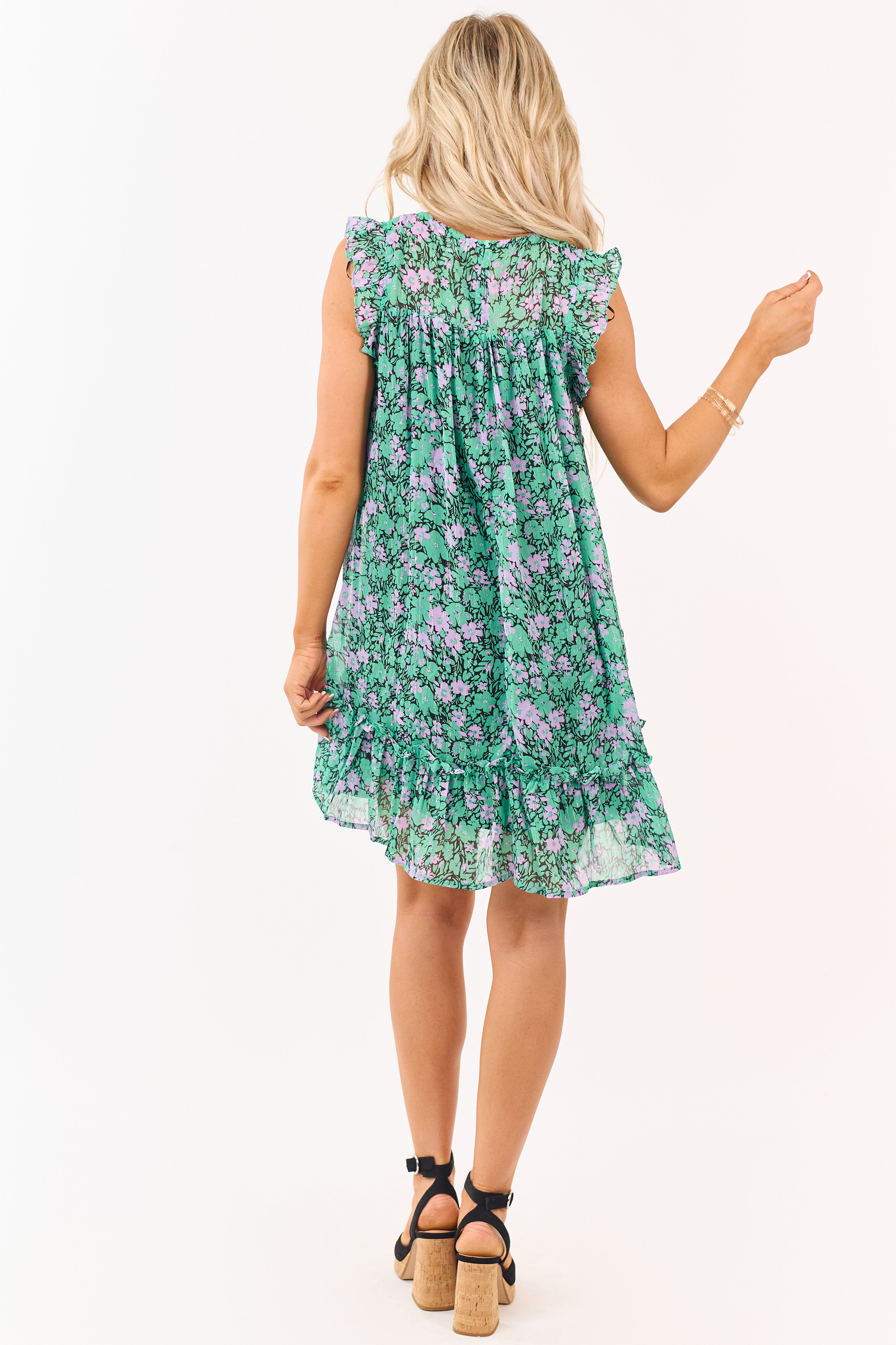 Kelly Green Floral Lurex Chiffon Flowy Mini Dress