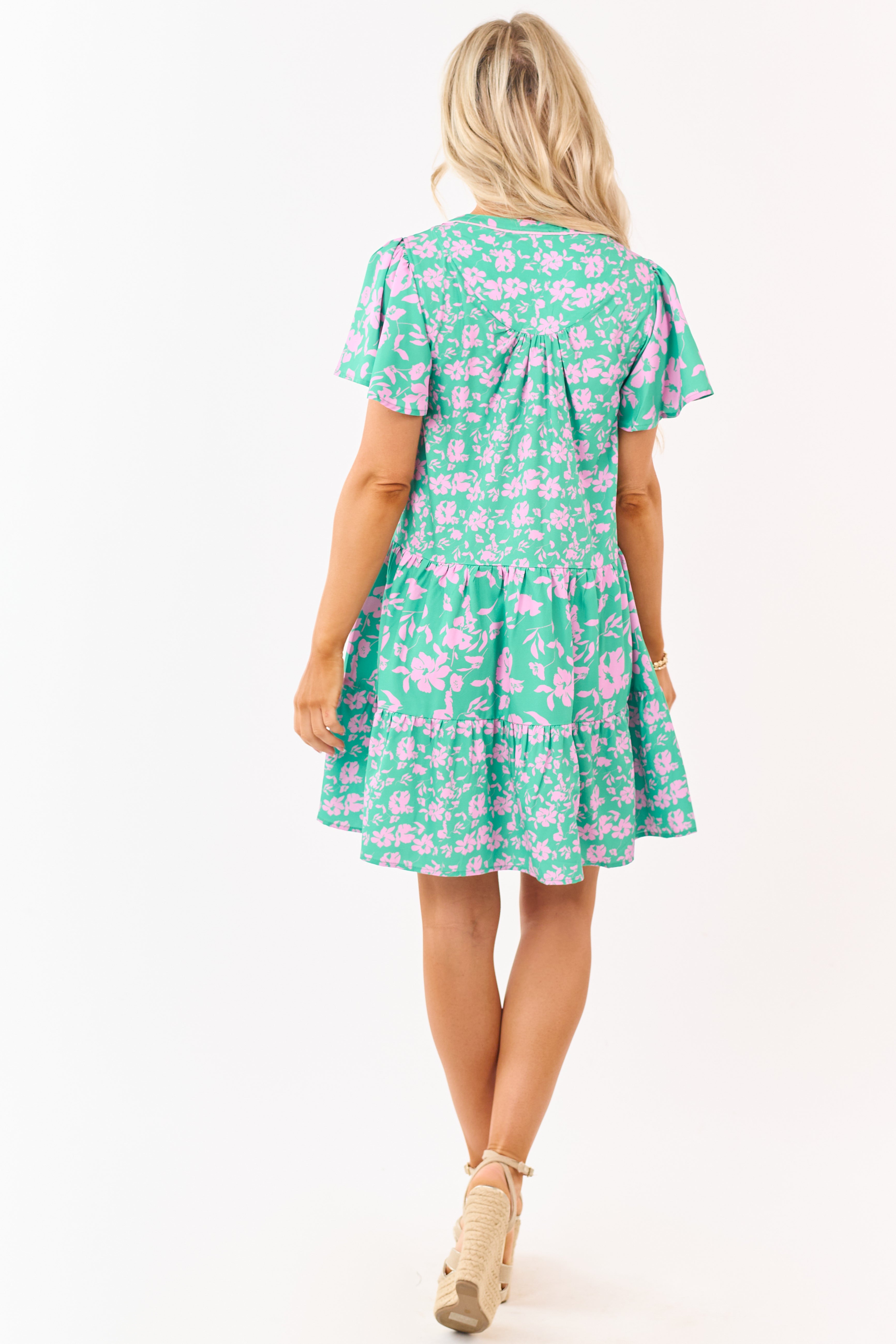 Kelly Green Floral Print Flutter Sleeve Mini Dress