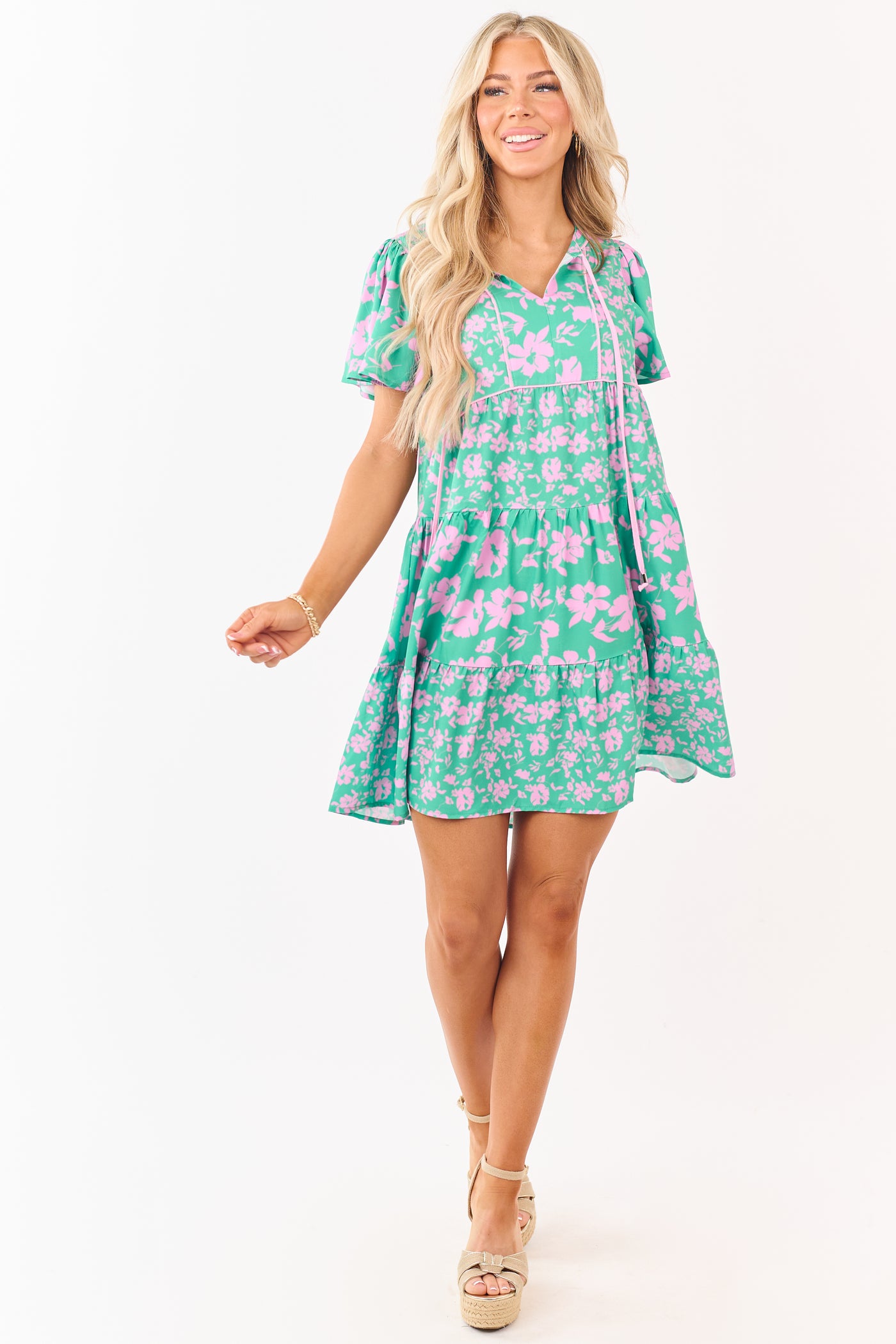 Kelly Green Floral Print Flutter Sleeve Mini Dress