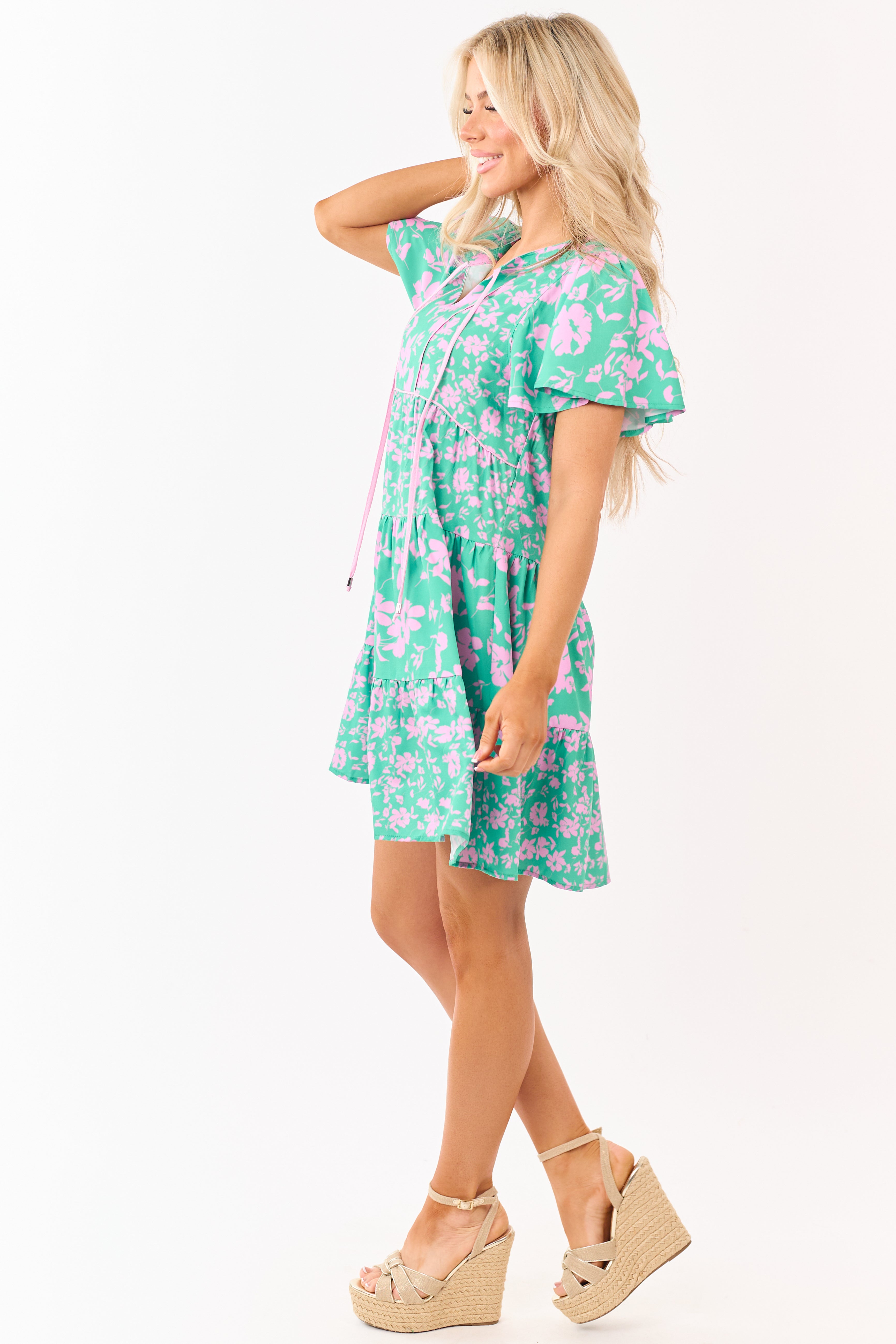 Kelly Green Floral Print Flutter Sleeve Mini Dress