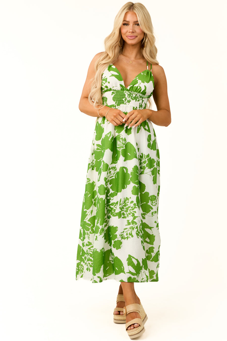 Kelly Green Floral Print Side Slit Maxi Dress