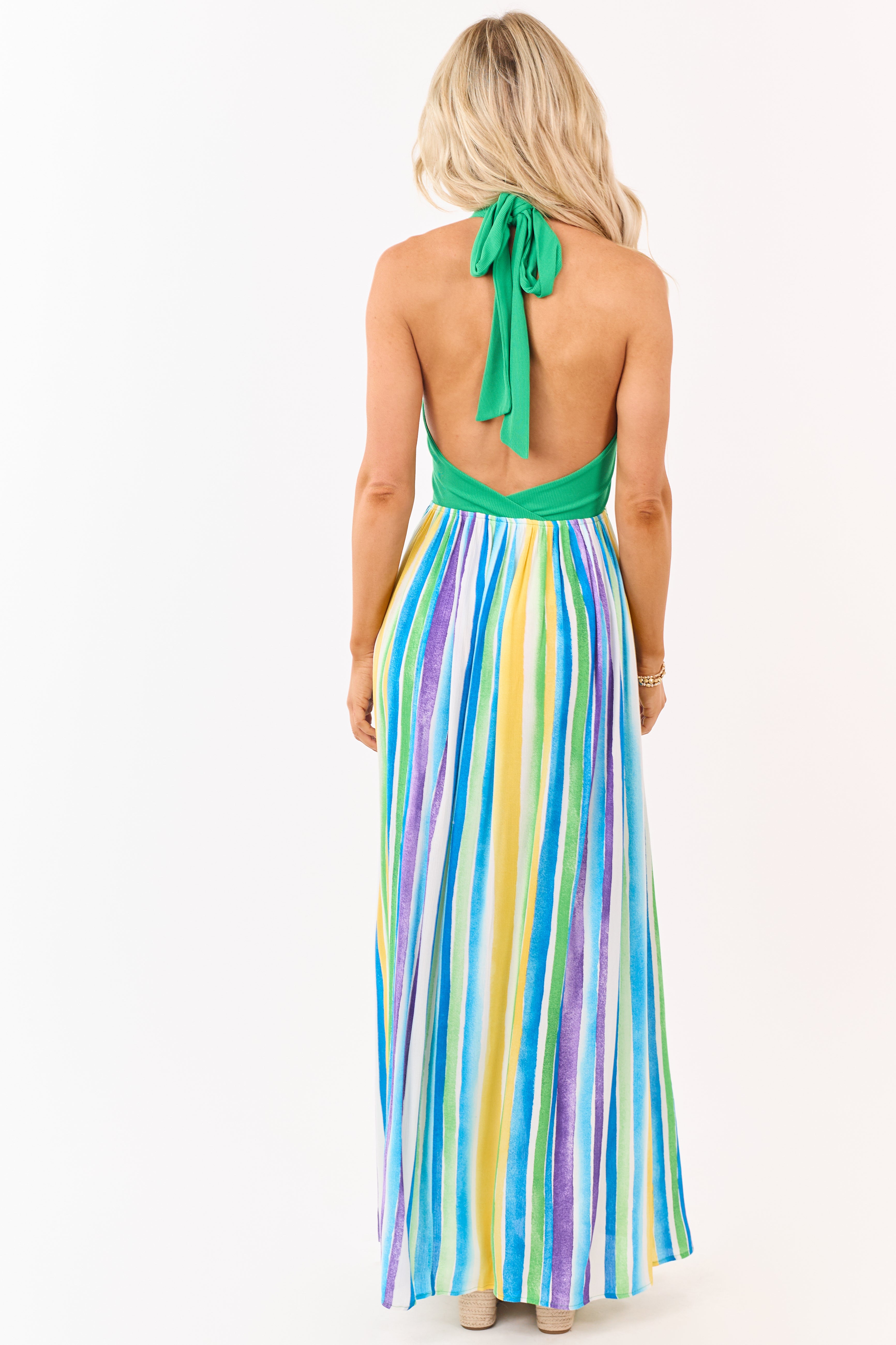 Kelly Green Halter Neck Contrast Striped Maxi Dress Kelly Green Halter Neck Contrast Striped Maxi Dress