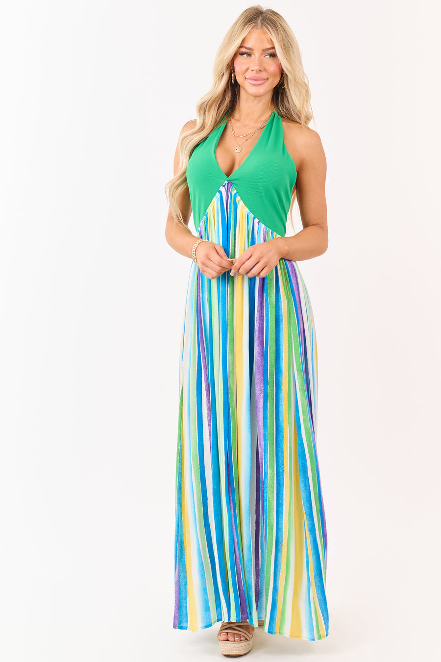 Kelly Green Halter Neck Contrast Striped Maxi Dress