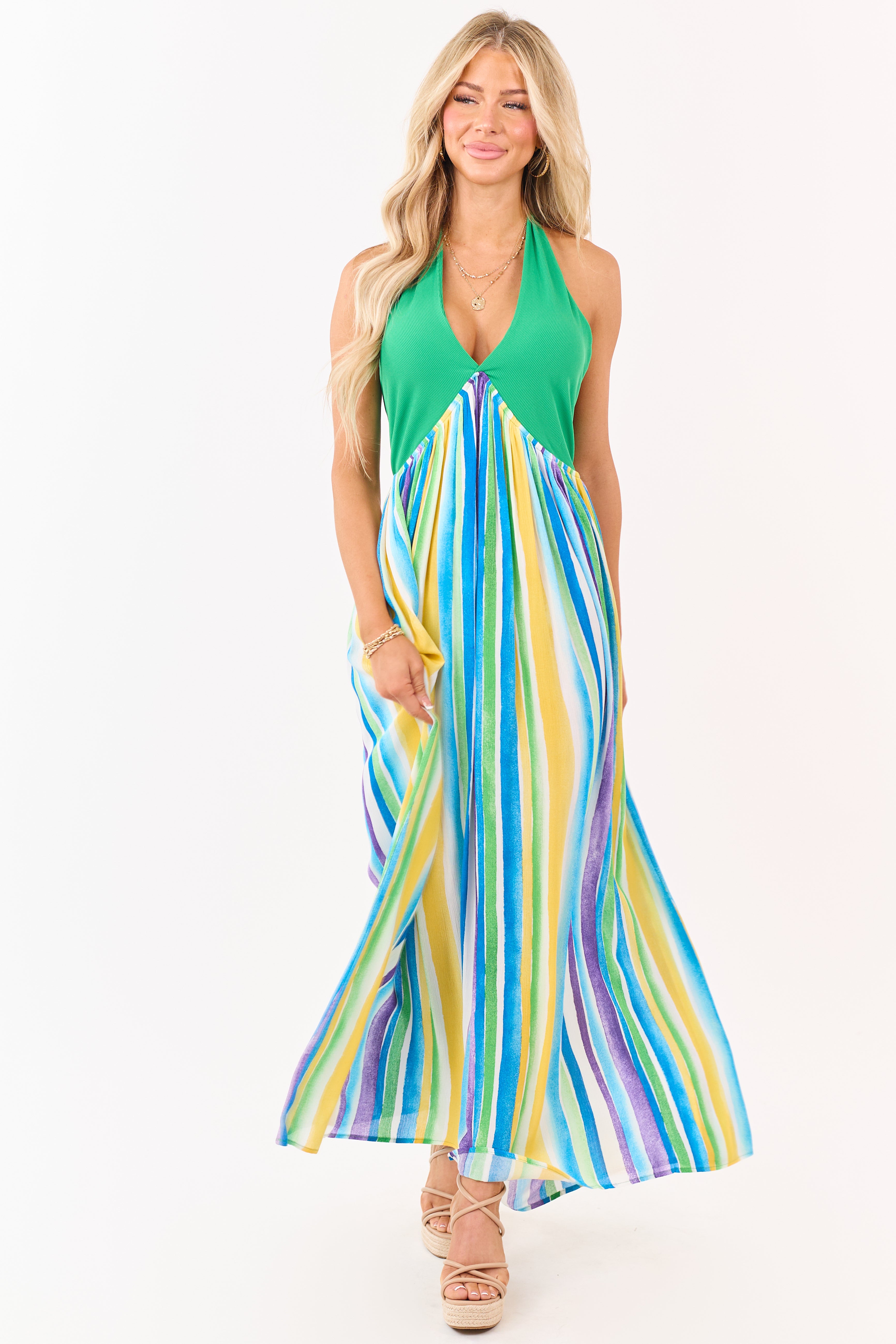 Kelly Green Halter Neck Contrast Striped Maxi Dress