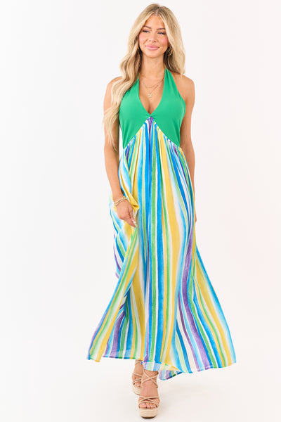 Kelly Green Halter Neck Contrast Striped Maxi Dress