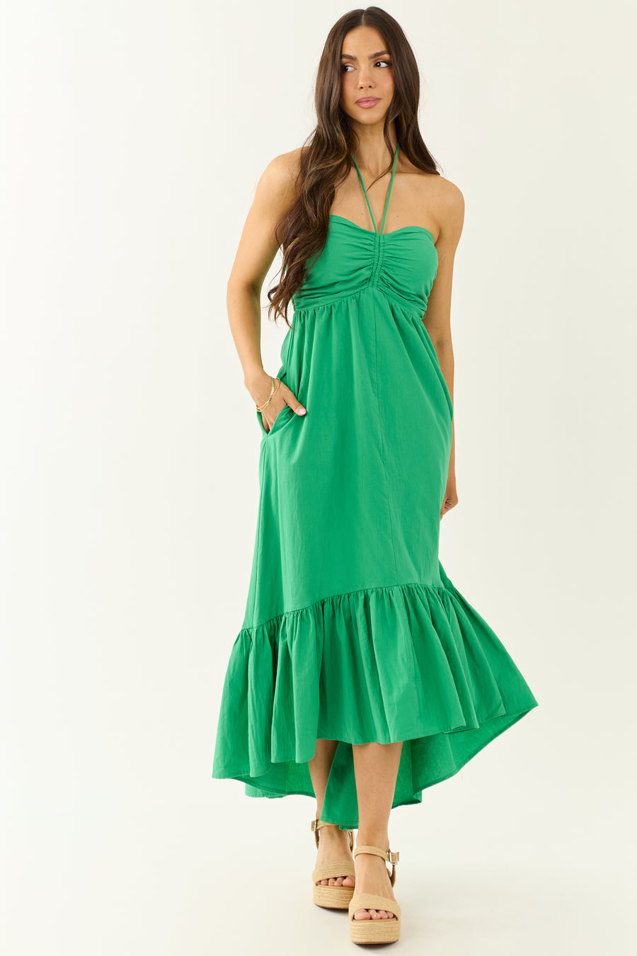 Kelly Green Halter Neck Cotton Babydoll Maxi Dress