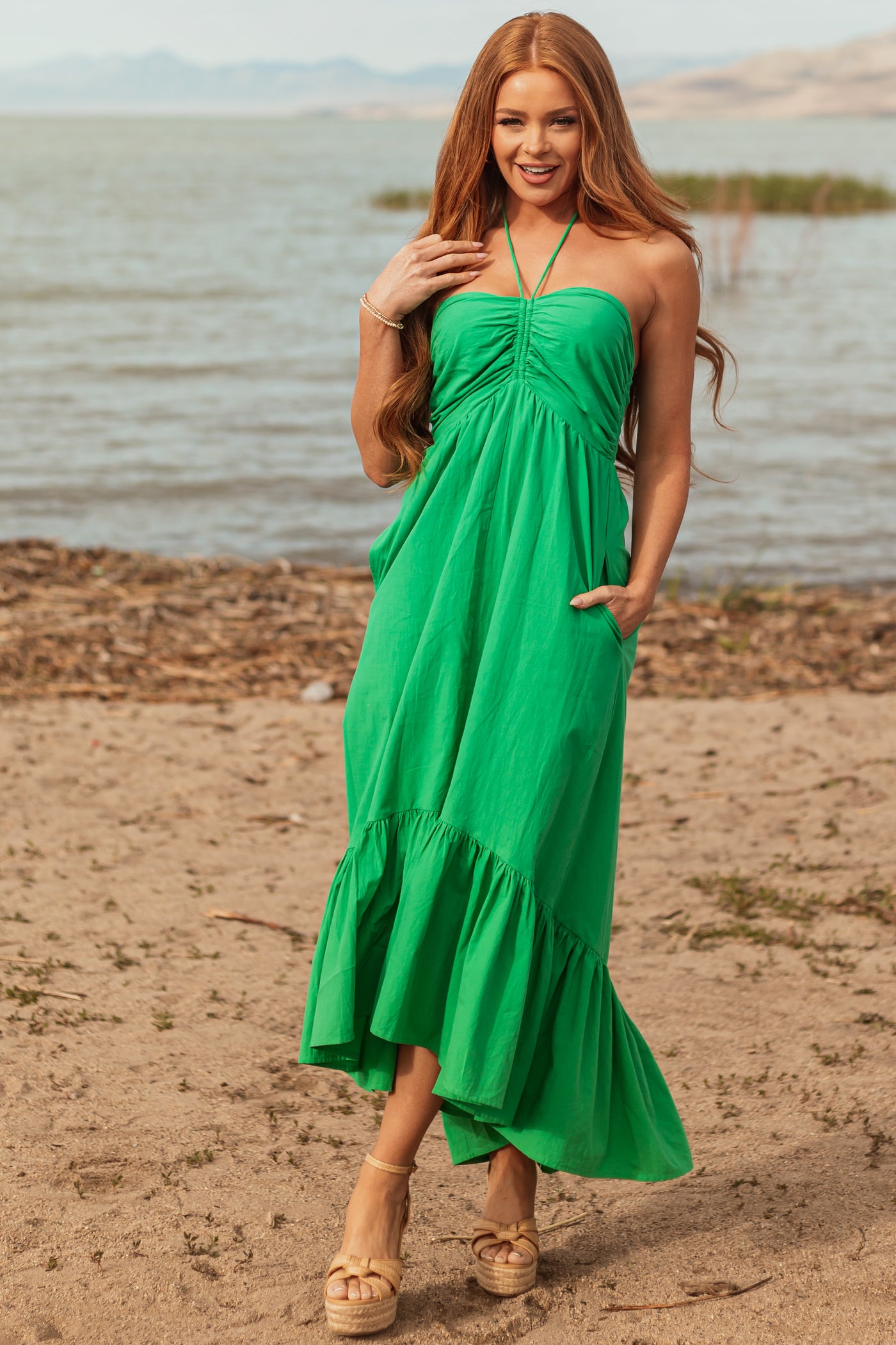 Kelly Green Halter Neck Cotton Babydoll Maxi Dress Lime Lush