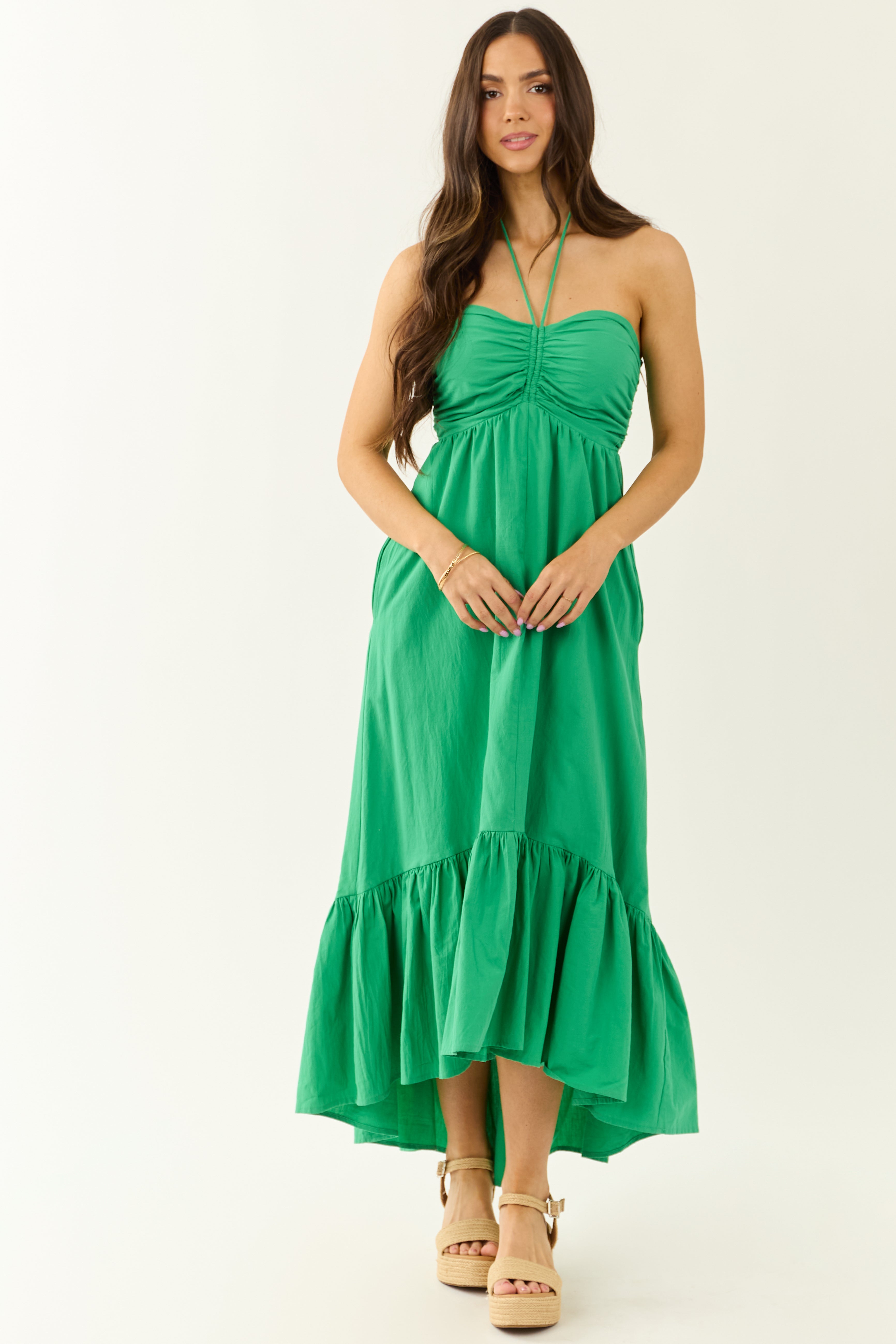 Kelly Green Halter Neck Cotton Babydoll Maxi Dress | Lime Lush