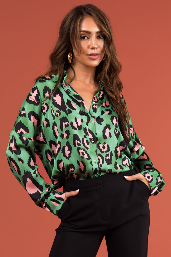 Kelly Green Heart Shaped Leopard Print Blouse