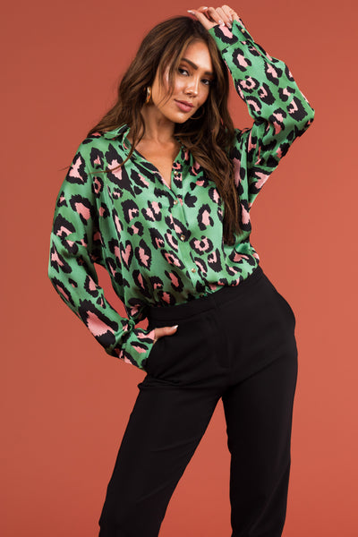 Kelly Green Heart Shaped Leopard Print Blouse