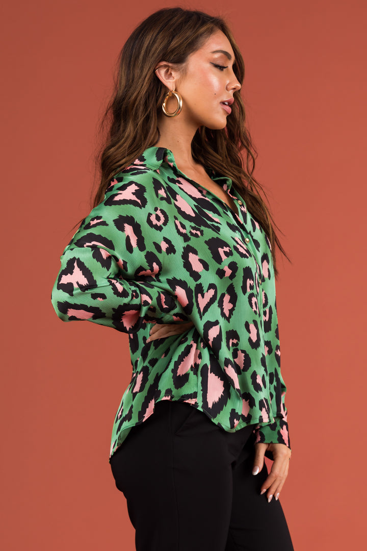 Kelly Green Heart Shaped Leopard Print Blouse