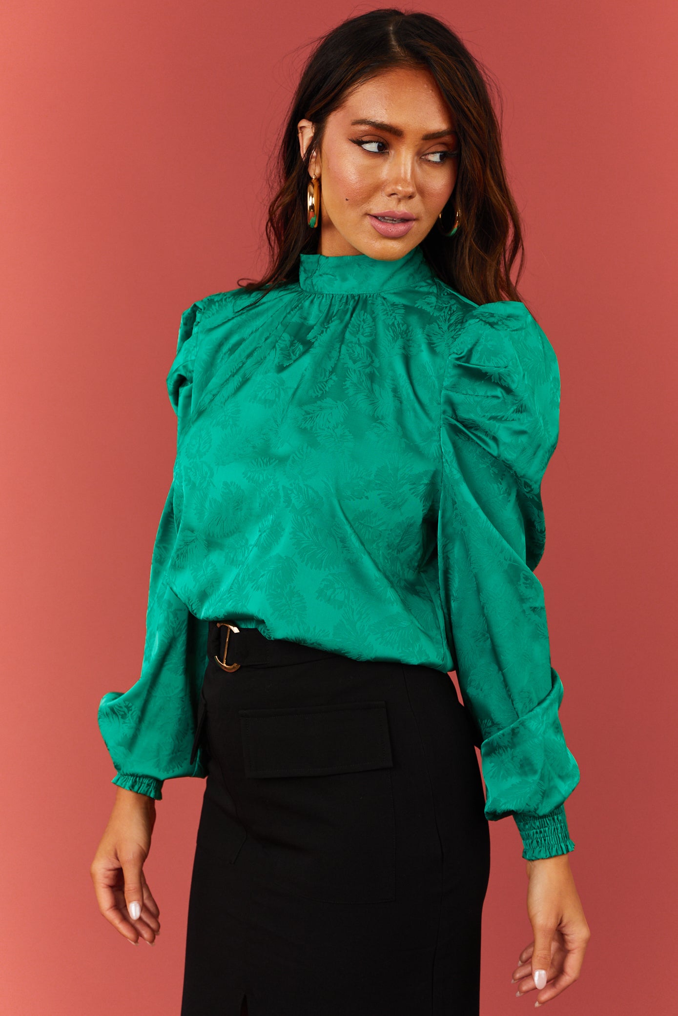Flying Tomato Kelly Green Jacquard Puff Shoulder Satin Top | Lime Lush