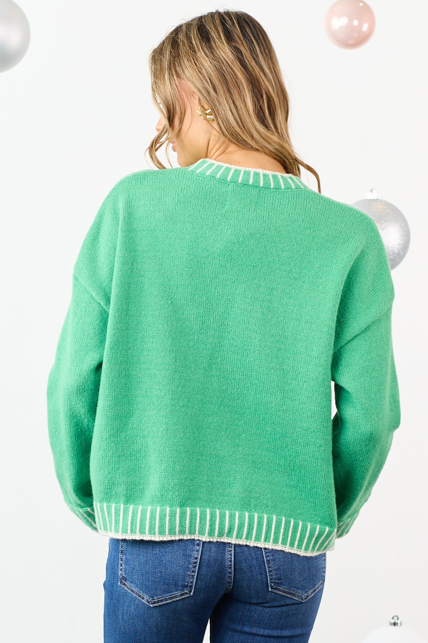 Kelly Green 'Merry' Textured Graphic Relaxed Sweater