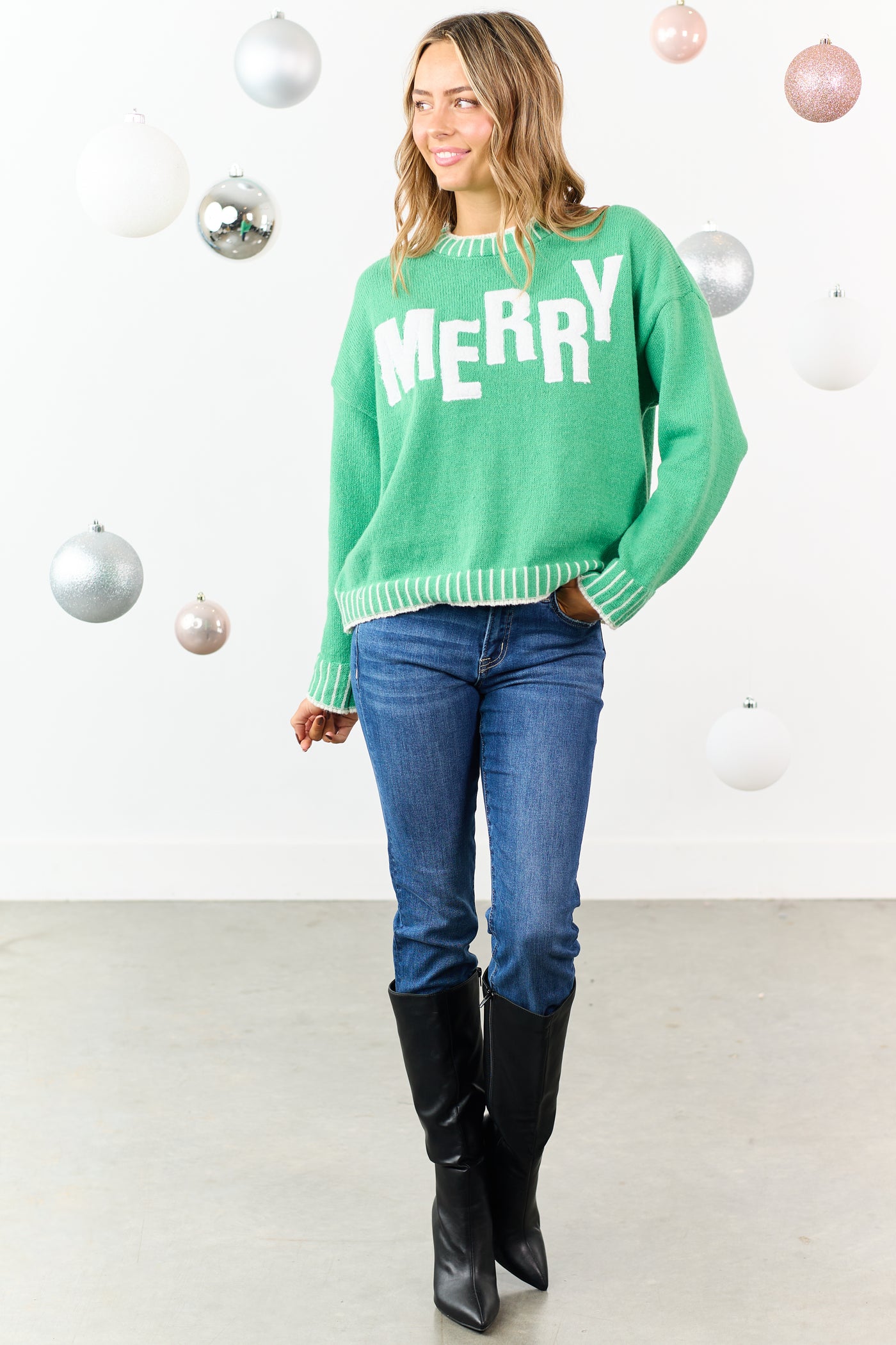 Kelly Green 'Merry' Textured Graphic Relaxed Sweater
