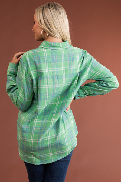 Kelly Green Plaid Front Pocket Button Up Flannel