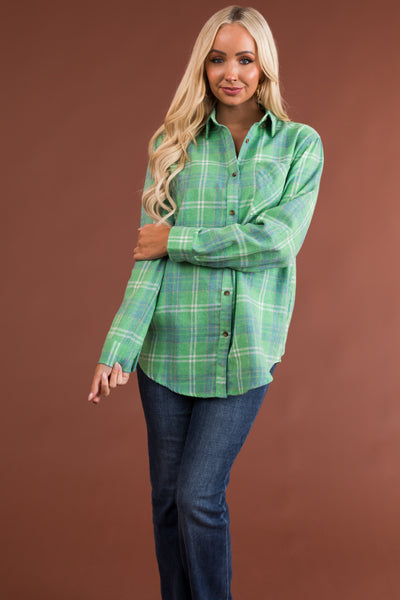 Kelly Green Plaid Front Pocket Button Up Flannel