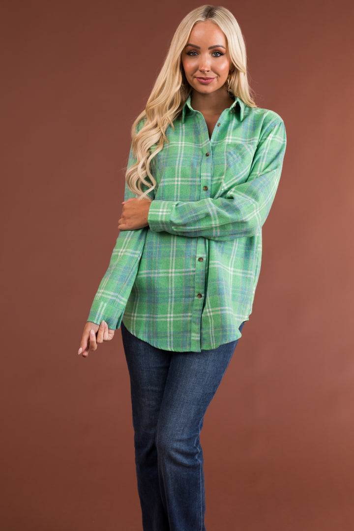 Kelly Green Plaid Front Pocket Button Up Flannel