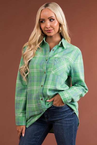 Kelly Green Plaid Front Pocket Button Up Flannel